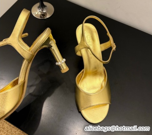 Low Cost Chanel Metallic Leather Heel Sandals 9cm with Pearls Gold 2025 G46488