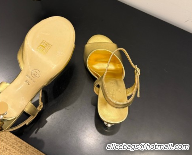 Low Cost Chanel Metallic Leather Heel Sandals 9cm with Pearls Gold 2025 G46488
