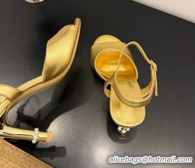 Low Cost Chanel Metallic Leather Heel Sandals 9cm with Pearls Gold 2025 G46488