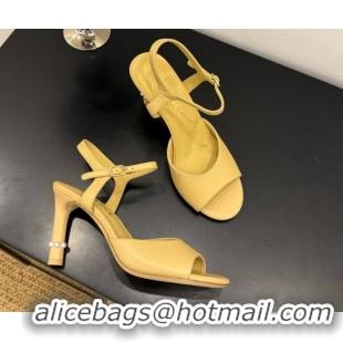 Charming Chanel Lambskin Heel Sandals 9cm with Pearls Yellow 2025 G46488