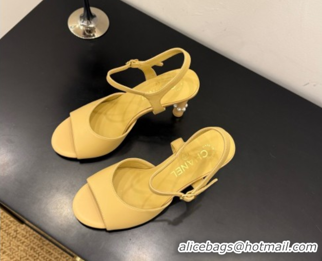 Charming Chanel Lambskin Heel Sandals 9cm with Pearls Yellow 2025 G46488