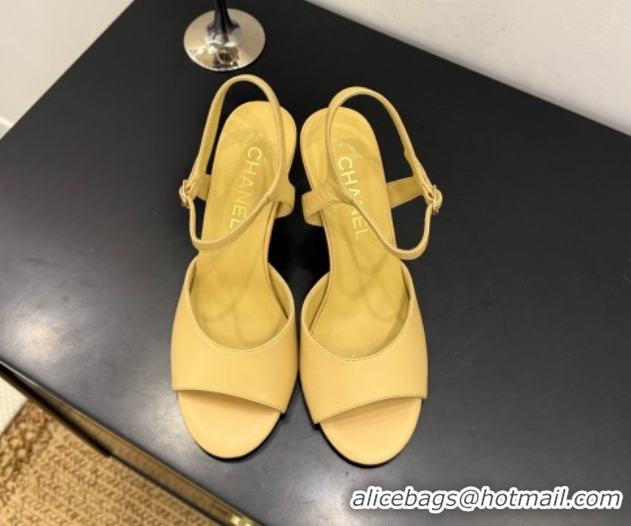 Charming Chanel Lambskin Heel Sandals 9cm with Pearls Yellow 2025 G46488