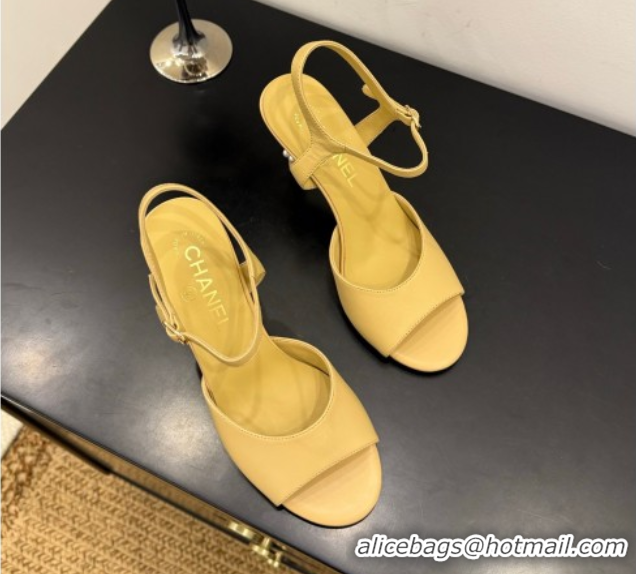 Charming Chanel Lambskin Heel Sandals 9cm with Pearls Yellow 2025 G46488