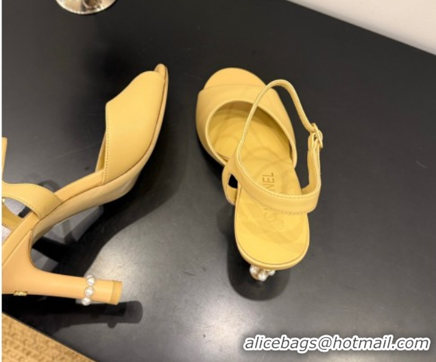 Charming Chanel Lambskin Heel Sandals 9cm with Pearls Yellow 2025 G46488