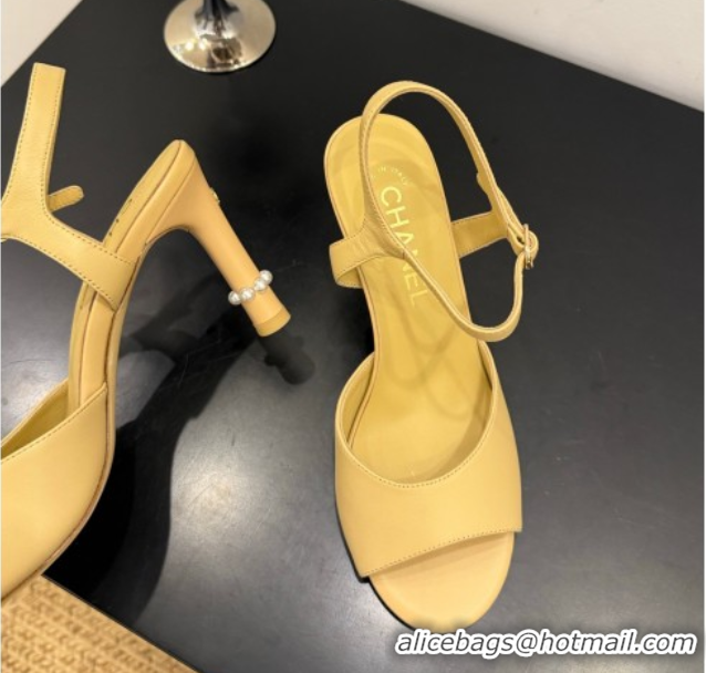 Charming Chanel Lambskin Heel Sandals 9cm with Pearls Yellow 2025 G46488