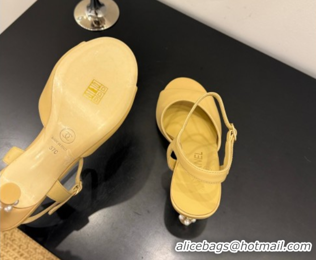 Charming Chanel Lambskin Heel Sandals 9cm with Pearls Yellow 2025 G46488