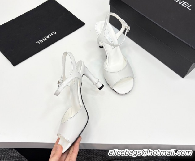 Low Price Chanel Lambskin Heel Sandals 9cm with Pearls White 2025 G46488