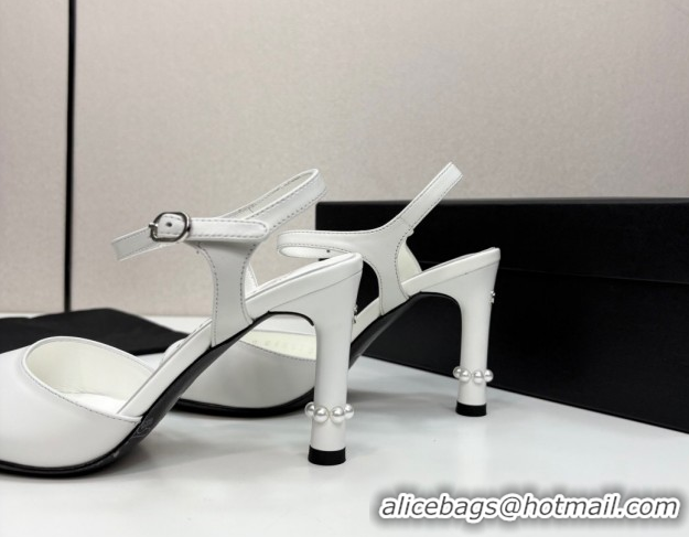 Low Price Chanel Lambskin Heel Sandals 9cm with Pearls White 2025 G46488