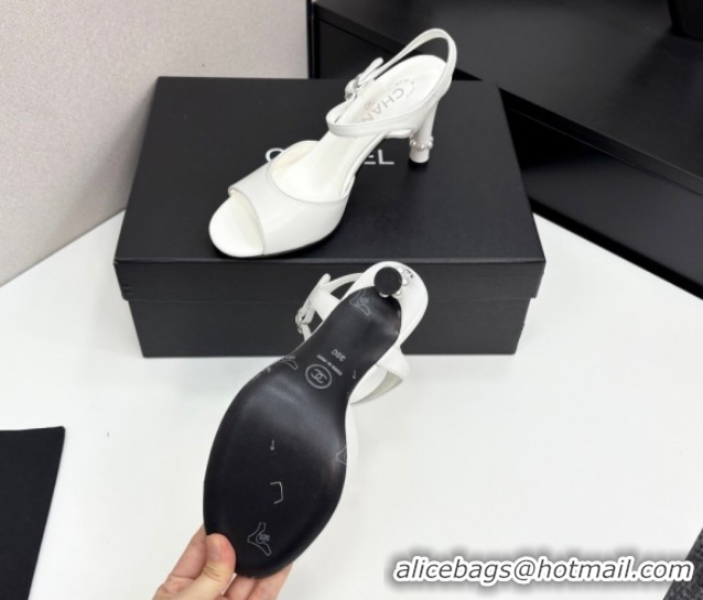 Low Price Chanel Lambskin Heel Sandals 9cm with Pearls White 2025 G46488