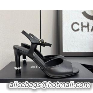 Stylish Chanel Lambskin Heel Sandals 9cm with Pearls Black 2025 G46488