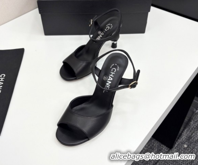 Stylish Chanel Lambskin Heel Sandals 9cm with Pearls Black 2025 G46488