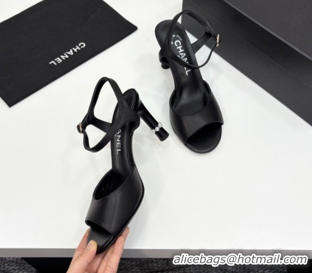 Stylish Chanel Lambskin Heel Sandals 9cm with Pearls Black 2025 G46488