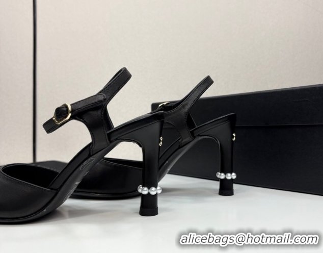 Stylish Chanel Lambskin Heel Sandals 9cm with Pearls Black 2025 G46488