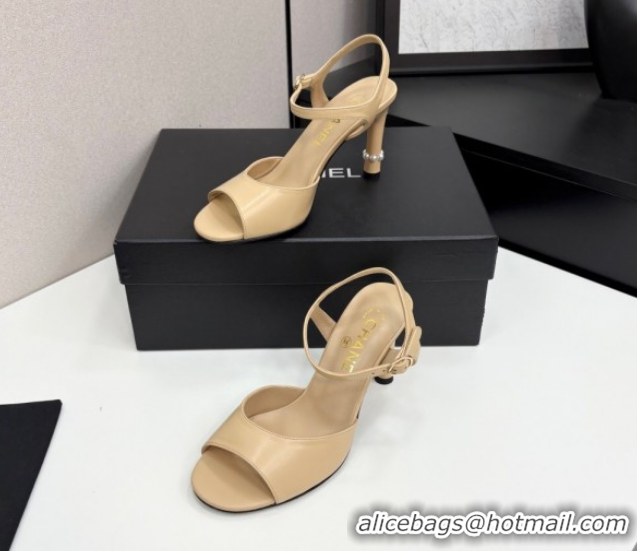 Perfect Chanel Lambskin Heel Sandals 9cm with Pearls Beige 2025 G46488