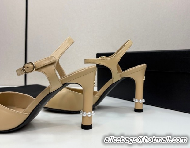 Perfect Chanel Lambskin Heel Sandals 9cm with Pearls Beige 2025 G46488