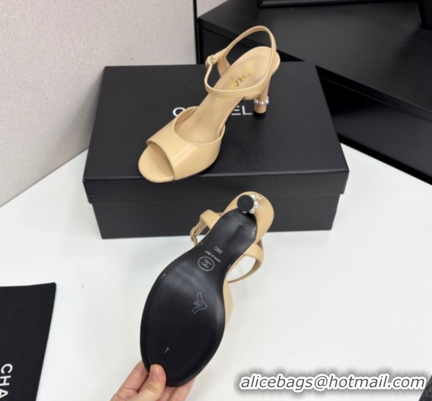 Perfect Chanel Lambskin Heel Sandals 9cm with Pearls Beige 2025 G46488