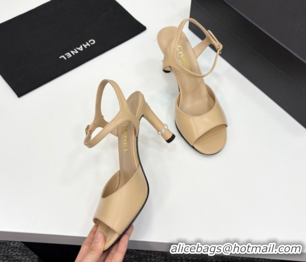Perfect Chanel Lambskin Heel Sandals 9cm with Pearls Beige 2025 G46488