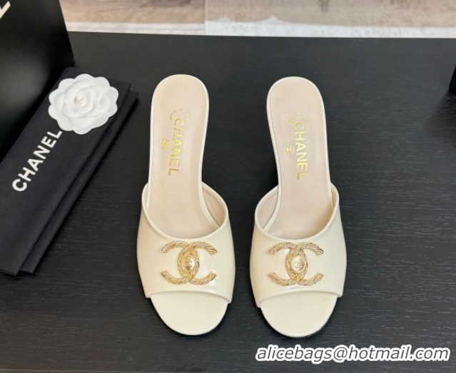 Duplicate Chanel Patent Calfskin Heel Slides Sandal 8.5cm with Maxi CC White 2025FW CH071511