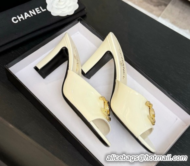Duplicate Chanel Patent Calfskin Heel Slides Sandal 8.5cm with Maxi CC White 2025FW CH071511