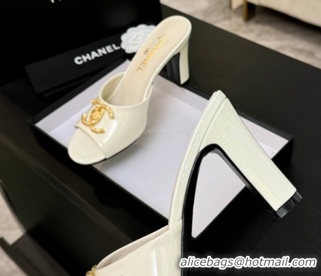 Duplicate Chanel Patent Calfskin Heel Slides Sandal 8.5cm with Maxi CC White 2025FW CH071511