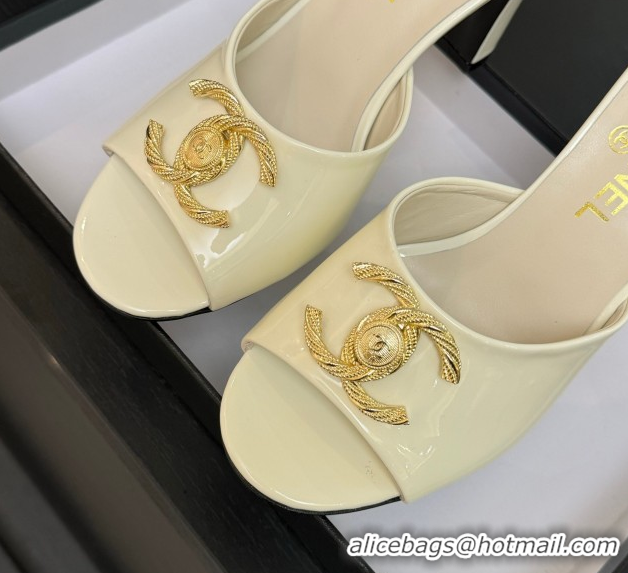 Duplicate Chanel Patent Calfskin Heel Slides Sandal 8.5cm with Maxi CC White 2025FW CH071511