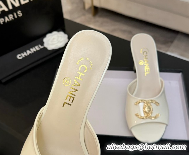 Duplicate Chanel Patent Calfskin Heel Slides Sandal 8.5cm with Maxi CC White 2025FW CH071511