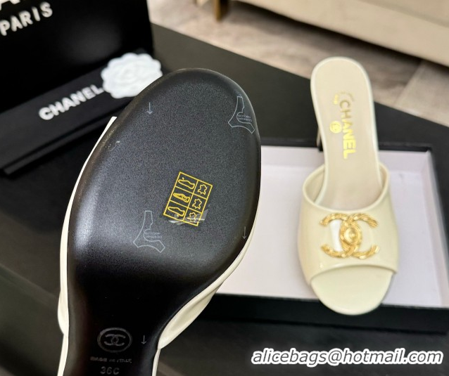 Duplicate Chanel Patent Calfskin Heel Slides Sandal 8.5cm with Maxi CC White 2025FW CH071511