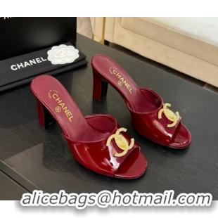 Comfortable Chanel Patent Calfskin Heel Slides Sandal 8.5cm with Maxi CC Dark Burgundy 2025FW CH071511