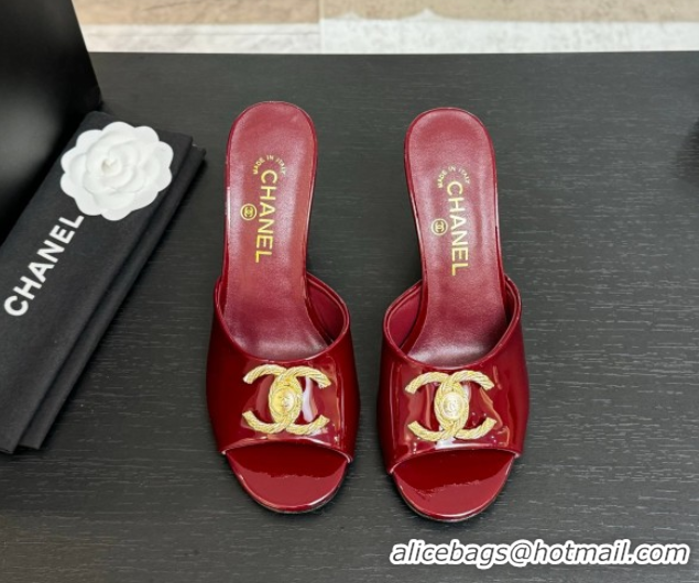 Comfortable Chanel Patent Calfskin Heel Slides Sandal 8.5cm with Maxi CC Dark Burgundy 2025FW CH071511