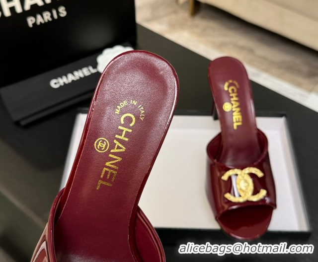 Comfortable Chanel Patent Calfskin Heel Slides Sandal 8.5cm with Maxi CC Dark Burgundy 2025FW CH071511