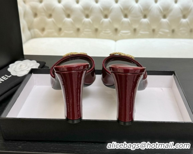 Comfortable Chanel Patent Calfskin Heel Slides Sandal 8.5cm with Maxi CC Dark Burgundy 2025FW CH071511