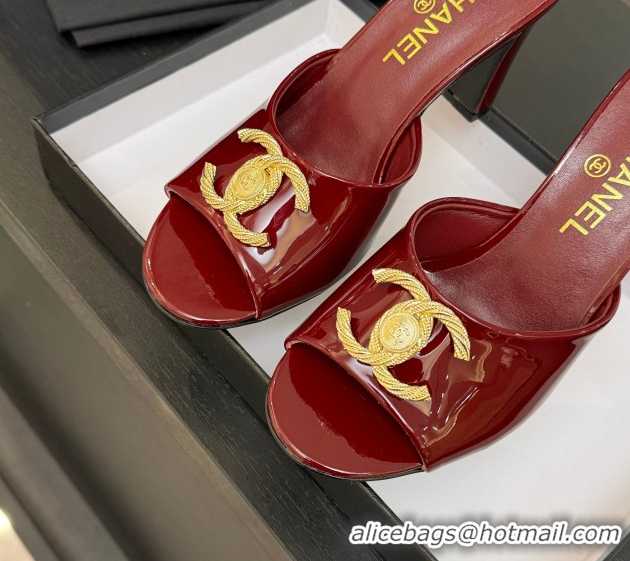 Comfortable Chanel Patent Calfskin Heel Slides Sandal 8.5cm with Maxi CC Dark Burgundy 2025FW CH071511