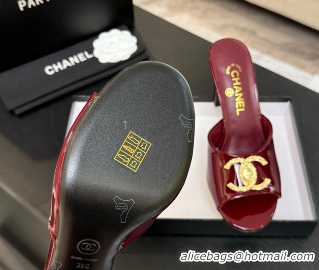 Comfortable Chanel Patent Calfskin Heel Slides Sandal 8.5cm with Maxi CC Dark Burgundy 2025FW CH071511