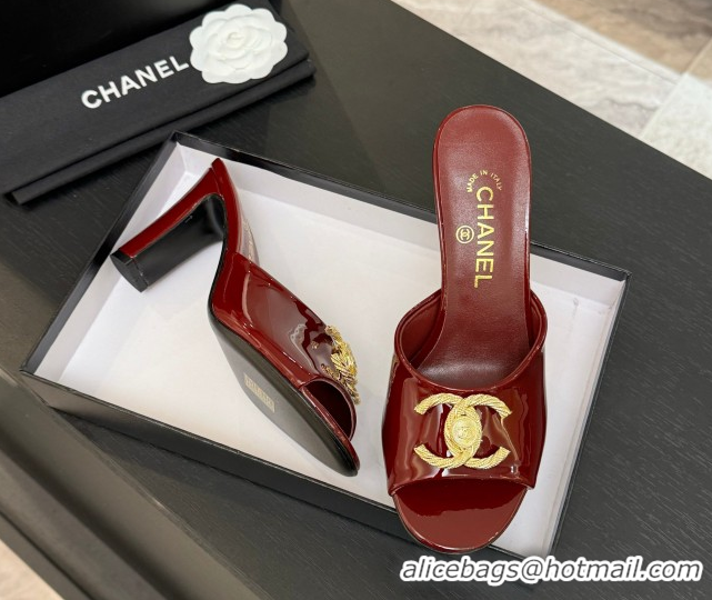 Comfortable Chanel Patent Calfskin Heel Slides Sandal 8.5cm with Maxi CC Dark Burgundy 2025FW CH071511