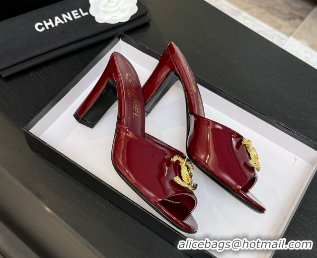 Comfortable Chanel Patent Calfskin Heel Slides Sandal 8.5cm with Maxi CC Dark Burgundy 2025FW CH071511