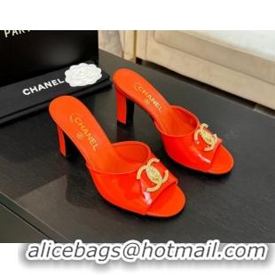 Luxury Chanel Patent Calfskin Heel Slides Sandal 8.5cm with Maxi CC Dark Orange 2025FW CH071511