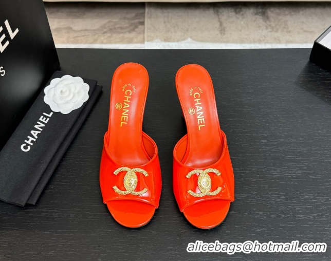 Luxury Chanel Patent Calfskin Heel Slides Sandal 8.5cm with Maxi CC Dark Orange 2025FW CH071511