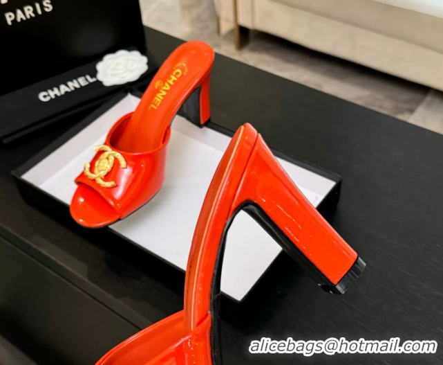 Luxury Chanel Patent Calfskin Heel Slides Sandal 8.5cm with Maxi CC Dark Orange 2025FW CH071511