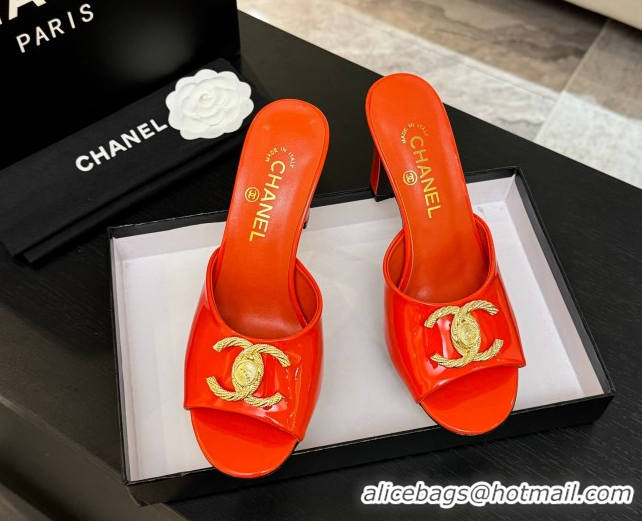 Luxury Chanel Patent Calfskin Heel Slides Sandal 8.5cm with Maxi CC Dark Orange 2025FW CH071511