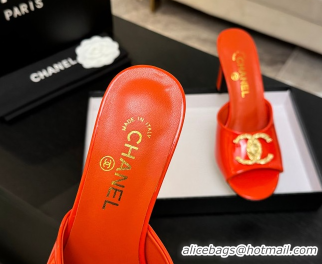 Luxury Chanel Patent Calfskin Heel Slides Sandal 8.5cm with Maxi CC Dark Orange 2025FW CH071511