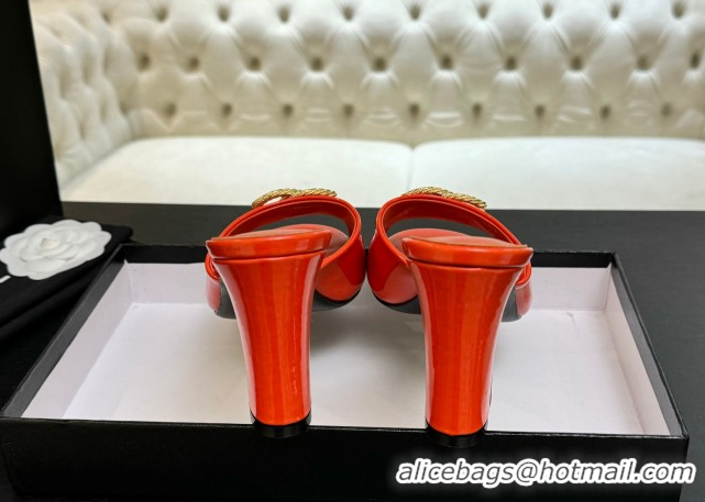 Luxury Chanel Patent Calfskin Heel Slides Sandal 8.5cm with Maxi CC Dark Orange 2025FW CH071511