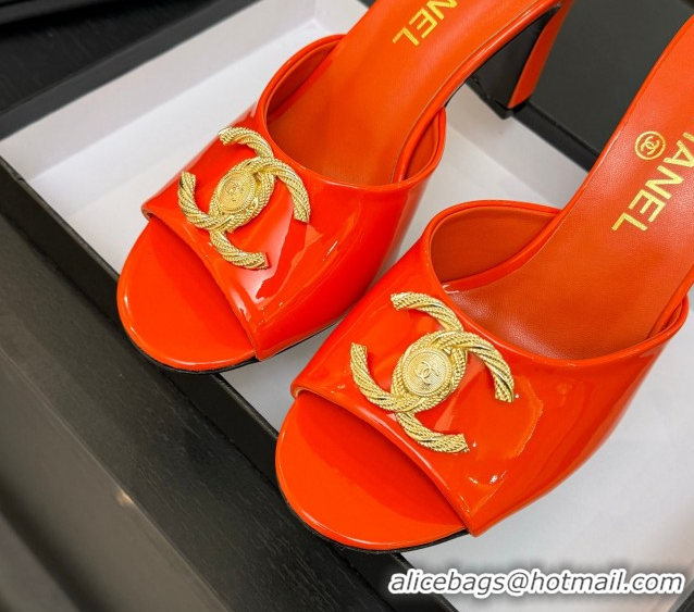 Luxury Chanel Patent Calfskin Heel Slides Sandal 8.5cm with Maxi CC Dark Orange 2025FW CH071511