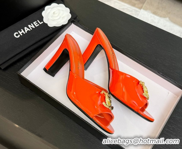 Luxury Chanel Patent Calfskin Heel Slides Sandal 8.5cm with Maxi CC Dark Orange 2025FW CH071511