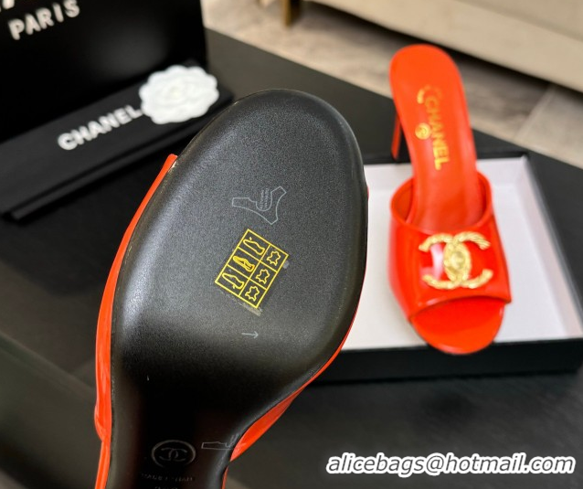 Luxury Chanel Patent Calfskin Heel Slides Sandal 8.5cm with Maxi CC Dark Orange 2025FW CH071511