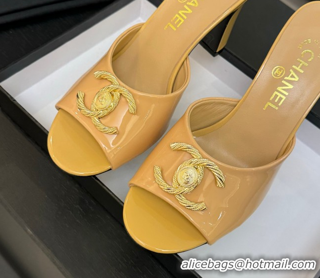 Luxury Discount Chanel Patent Calfskin Heel Slides Sandal 8.5cm with Maxi CC Yellow 2025FW CH071511