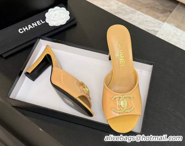 Luxury Discount Chanel Patent Calfskin Heel Slides Sandal 8.5cm with Maxi CC Yellow 2025FW CH071511