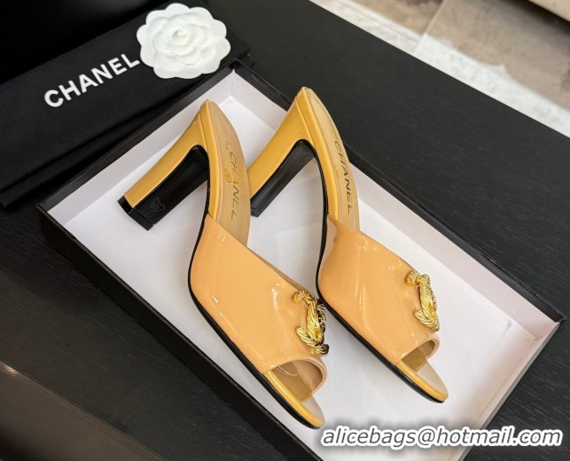 Luxury Discount Chanel Patent Calfskin Heel Slides Sandal 8.5cm with Maxi CC Yellow 2025FW CH071511