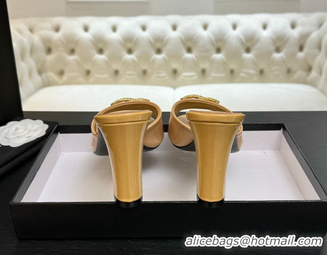 Luxury Discount Chanel Patent Calfskin Heel Slides Sandal 8.5cm with Maxi CC Yellow 2025FW CH071511