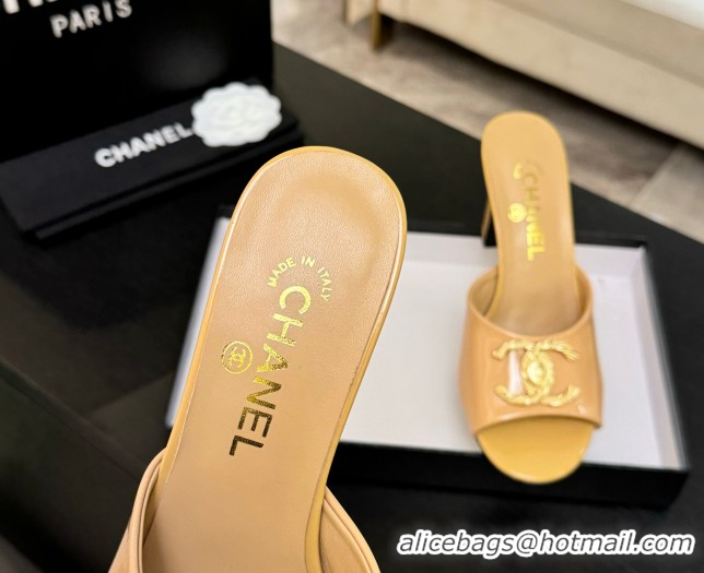 Luxury Discount Chanel Patent Calfskin Heel Slides Sandal 8.5cm with Maxi CC Yellow 2025FW CH071511