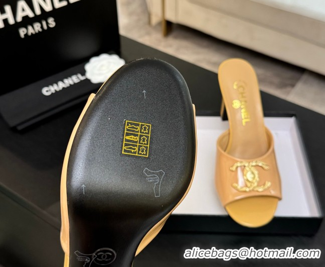 Luxury Discount Chanel Patent Calfskin Heel Slides Sandal 8.5cm with Maxi CC Yellow 2025FW CH071511